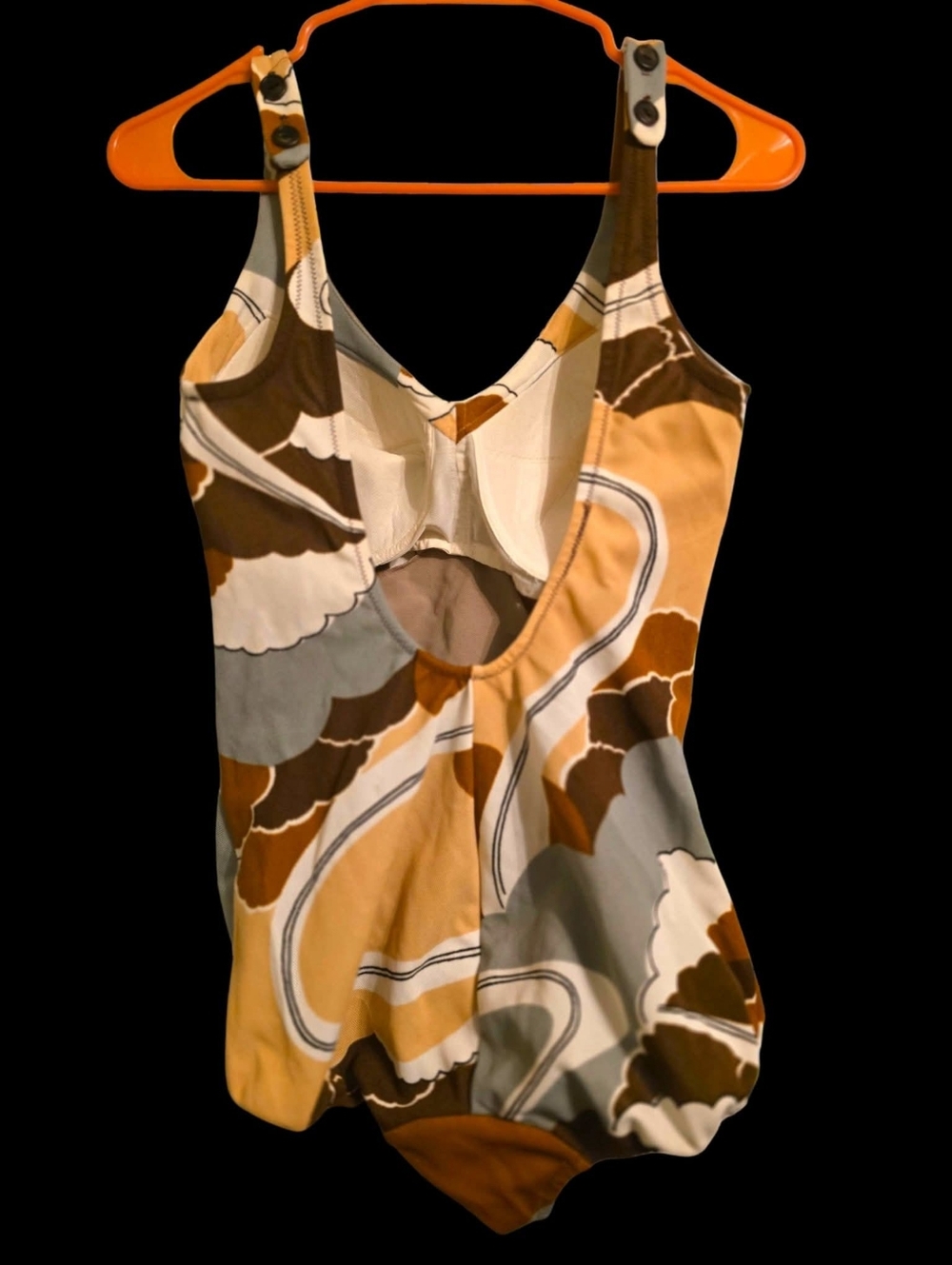 Vintage | Retro Groovy Abstract Print One-Piece Swimsuit — Brown & Gray - Picture 8 of 8
